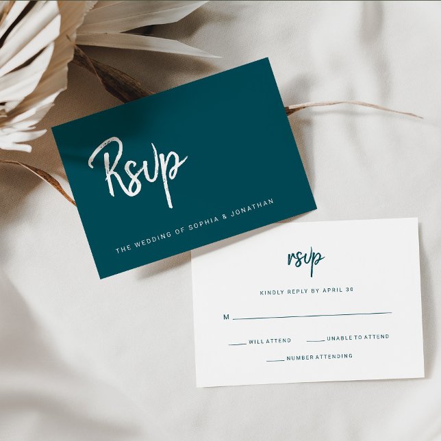 Modern Minimalist Script Deep Teal | Wedding RSVP Card (A trendy, deep teal colored wedding rsvp card)