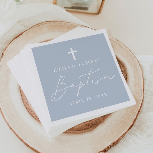 Modern Minimalist Script Dusty Blue Baptism Napkin (Creator Uploaded)