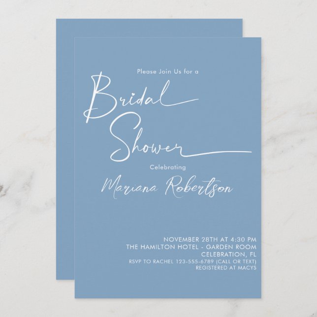 Modern Minimalist Script Dusty Blue Bridal Shower Invitation (Front/Back)