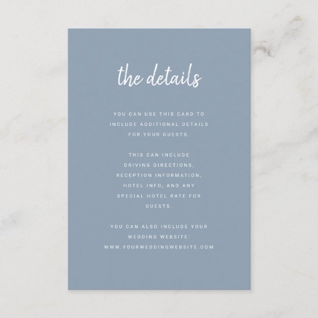 Modern Minimalist Script Dusty Blue  | Details Enclosure Card (Front)