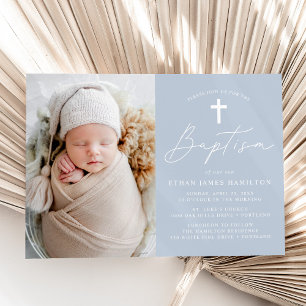 Modern Minimalist Script Dusty Blue Photo Baptism Invitation
