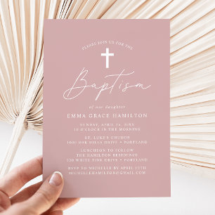 Modern Minimalist Script Dusty Rose Baptism Invitation