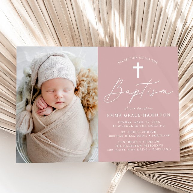 Modern Minimalist Script Dusty Rose Photo Baptism Invitation (Creator Uploaded)