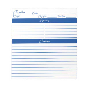 Modern Minimalist Script Elegant Blue Recipes Notepad