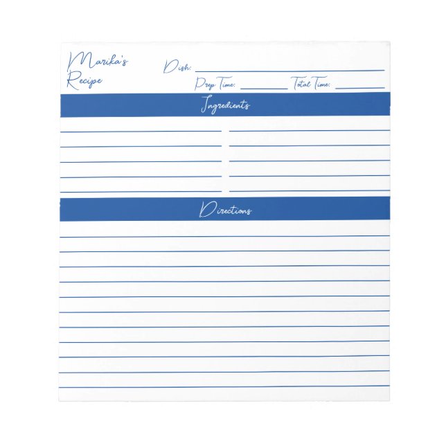 Modern Minimalist Script Elegant Blue Recipes Notepad (Front)