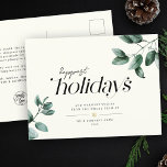 Modern Minimalist Script Eucalyptus Business Logo Holiday Postcard<br><div class="desc">Stylish, elegant script typography design business holiday postcard reading Happiest Holidays alongside modern eucalyptus watercolor illustrations over a printed gold snowflake, your custom text and message. On the back is space for another message and your corporate logo. This modern, minimalist, nondenominational message of gratitude is perfect for business or personal...</div>
