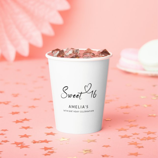 Modern Minimalist Script Heart Sweet 16 Paper Cups (Insitu)