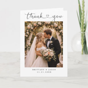 Modern Minimalist Script Heart Wedding Photo Lette Thank You Card