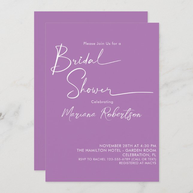 Modern Minimalist Script Lavender Bridal Shower In Invitation (Front/Back)