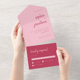 Modern Minimalist Script Magenta and Pink Wedding All In One Invitation