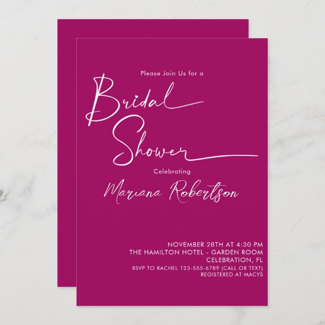 Modern Minimalist Script Magenta Bridal Shower Inv Invitation (Front/Back)