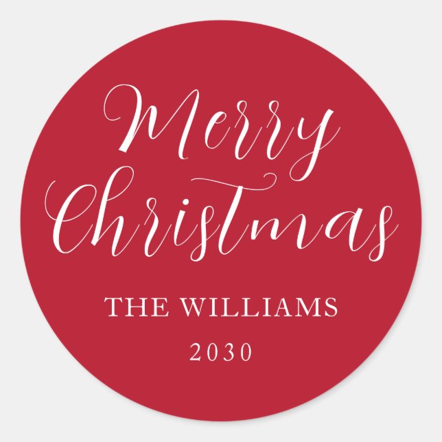 Modern Minimalist Script Merry Christmas Red White Classic Round Sticker (Front)