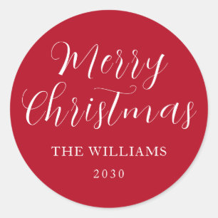 Modern Minimalist Script Merry Christmas Red White Classic Round Sticker