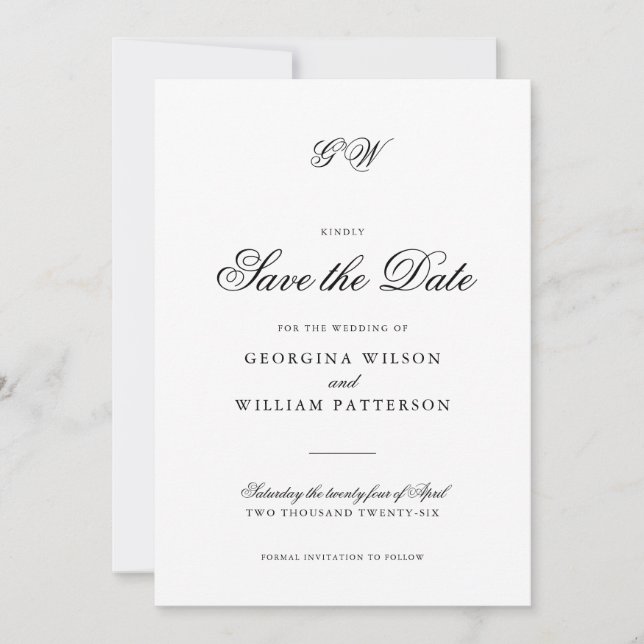 Modern Minimalist Script Monogram Save the Date Invitation (Front)