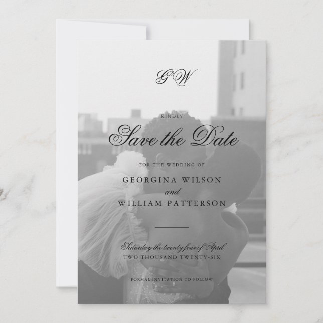 Modern Minimalist Script Monogram Save the Date Invitation (Front)