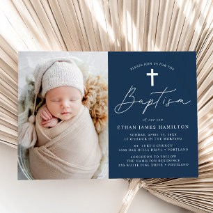 Modern Minimalist Script Navy Blue Photo Baptism Invitation