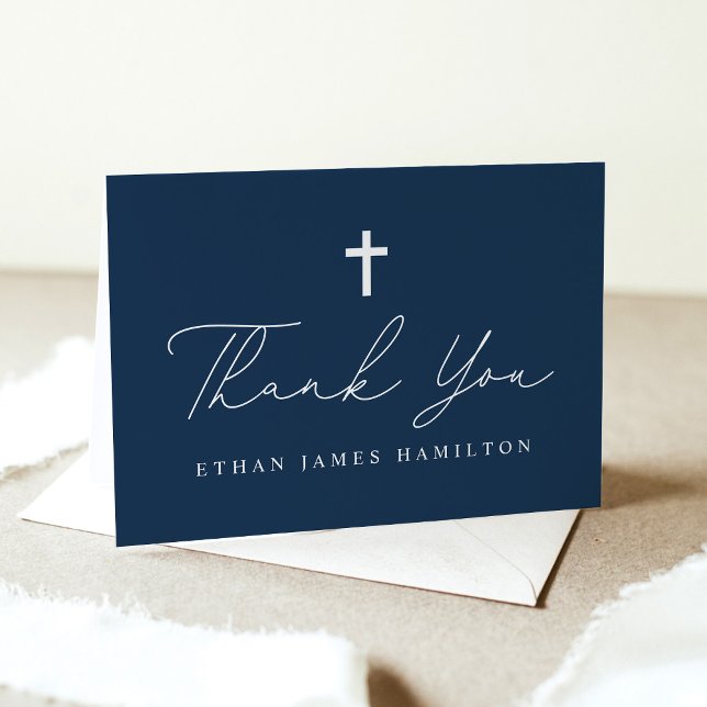 Modern Minimalist Script Navy Blue Photo Baptism Thank You Card (Creator Uploaded)