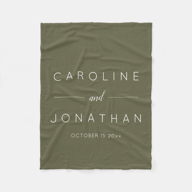 Modern Minimalist Script Olive Moss Custom Wedding Fleece Blanket (Front)