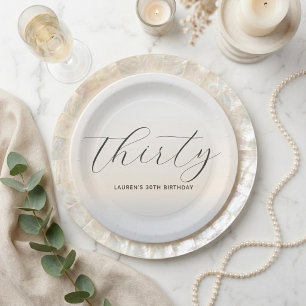 Modern Minimalist Script Pearl 30th Birthday Paper Plate