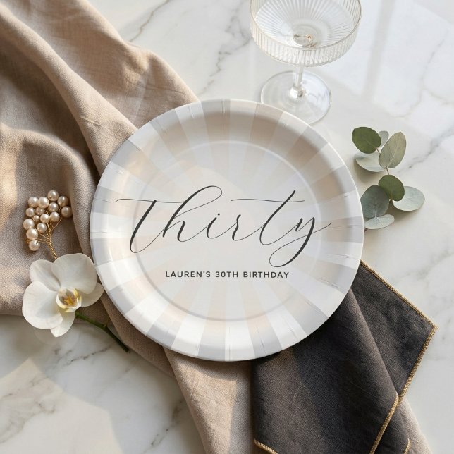 Modern Minimalist Script Pearl Sunburst Birthday Paper Plate (Creator Uploaded)