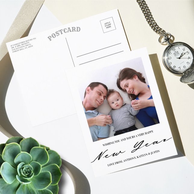Modern Minimalist Script Photo New Year Holiday Postcard (Creator Uploaded)