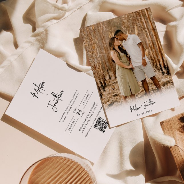 Modern Minimalist Script Photo QR code Wedding Invitation (Creator Uploaded)