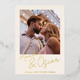 Modern Minimalist Script Photo Save the Date Gold