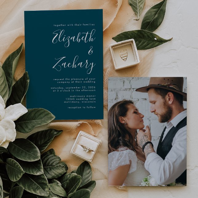Modern Minimalist Script Photo Teal Blue Wedding Invitation (Creator Uploaded)