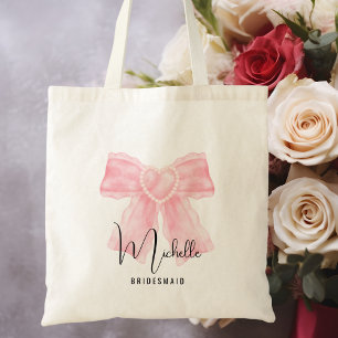 Modern Minimalist Script Pink Bow Elegant Wedding Tote Bag