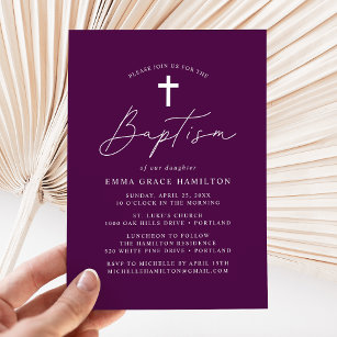 Modern Minimalist Script Purple Baptism Invitation
