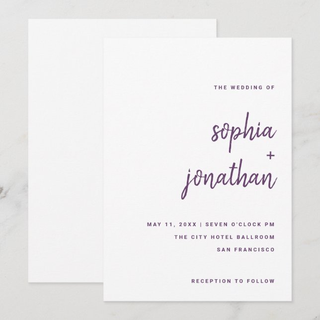 Modern Minimalist Script Purple on White | Wedding Invitation (Front/Back)
