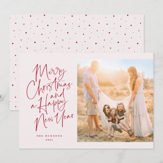 Modern Minimalist Script Red and Pink Holiday Card (Front/Back)