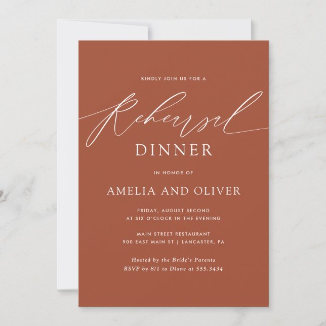 Modern Minimalist Script Rust Rehearsal Dinner Invitation (Front)