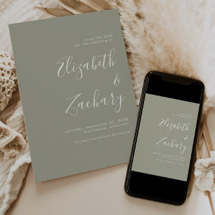 Modern Minimalist Script Sage Green Save the Date Announcement