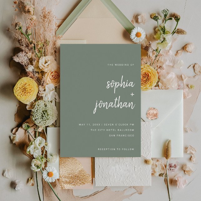 Modern Minimalist Script Sage Green | Wedding Invitation (A chic, sage green wedding invitation with modern white typography)