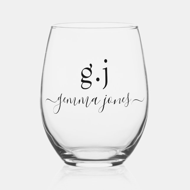 Modern Minimalist Script Serif Monogram Stemless Wine Glass (Front)