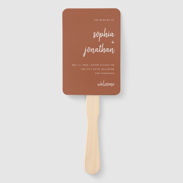 Modern Minimalist Script Terracotta | Wedding Hand Fan (Front)
