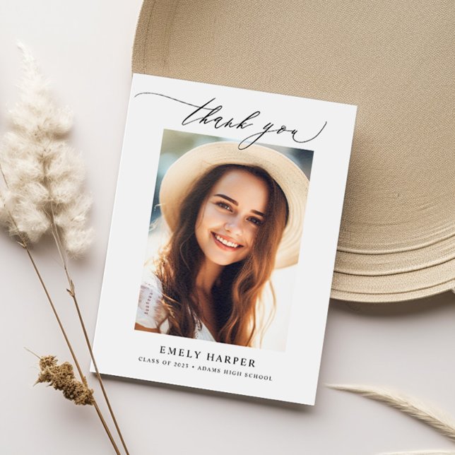 Modern Minimalist Script Two Photo Graduation Thank You Card (Creator Uploaded)