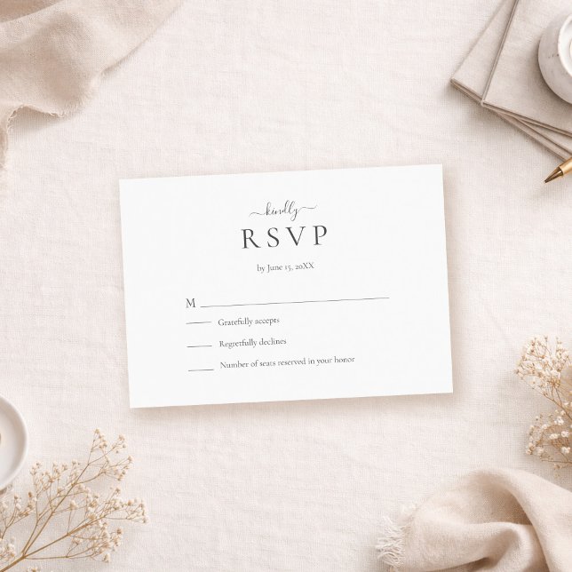 Modern Minimalist Script Wedding RSVP Card (Modern Minimalist Script Wedding RSVP Card on a boho table with tiny white flowers)