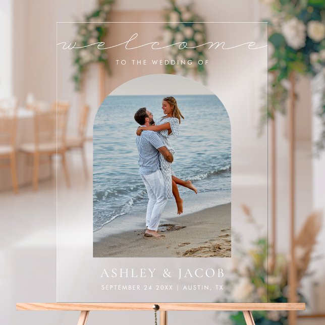 Modern Minimalist Script Welcome Photo Wedding Acrylic Sign (Creator Uploaded)