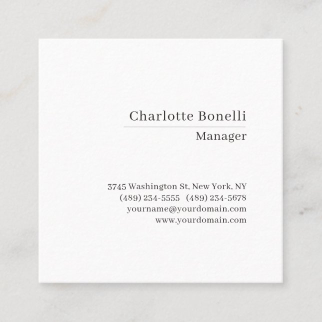 Modern Minimalist Serif Font Plain Simple Matte Square Business Card (Front)