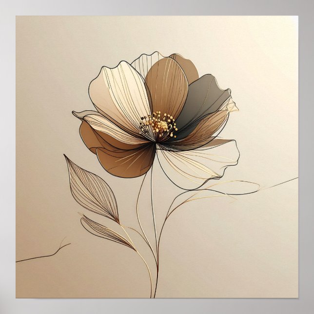 Modern Minimalist Sheer Beige & Gold Floral Botani Poster (Front)