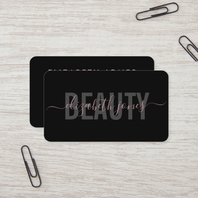 Modern Minimalist Signature Black and Rose Gold Business Card (Front/Back In Situ)