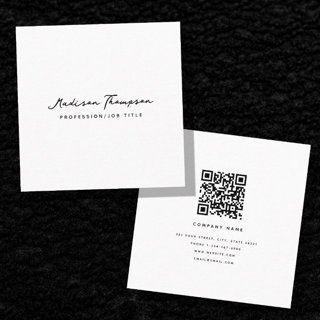Modern Minimalist Signature Script QR Code White Square Business Card (Creator Uploaded)