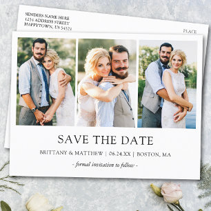 Modern Minimalist Simple 3 Photo Save the Date Postcard