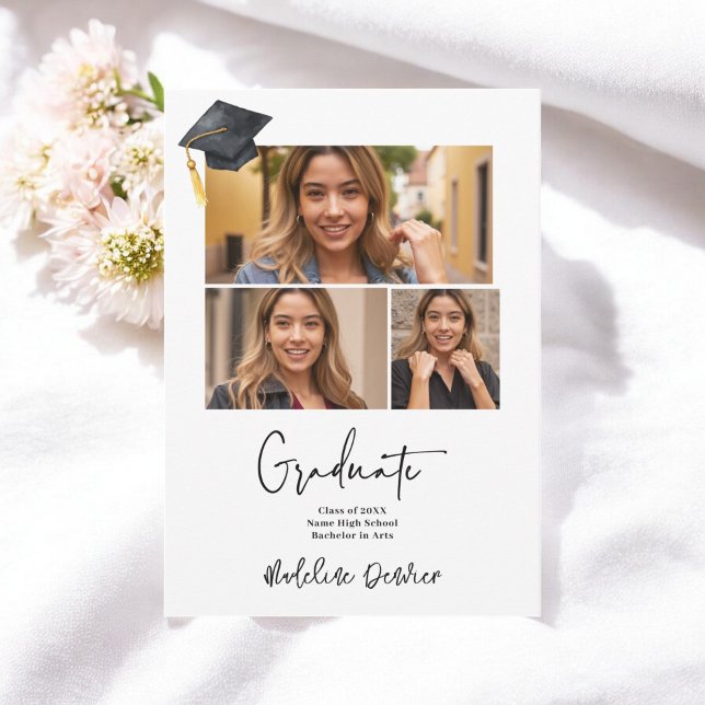 Modern minimalist simple 3 photos graduation announcement (Modern minimalist simple 3 photos graduation announcement)