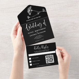 Modern Minimalist Simple Black Wedding QR Code All In One Invitation