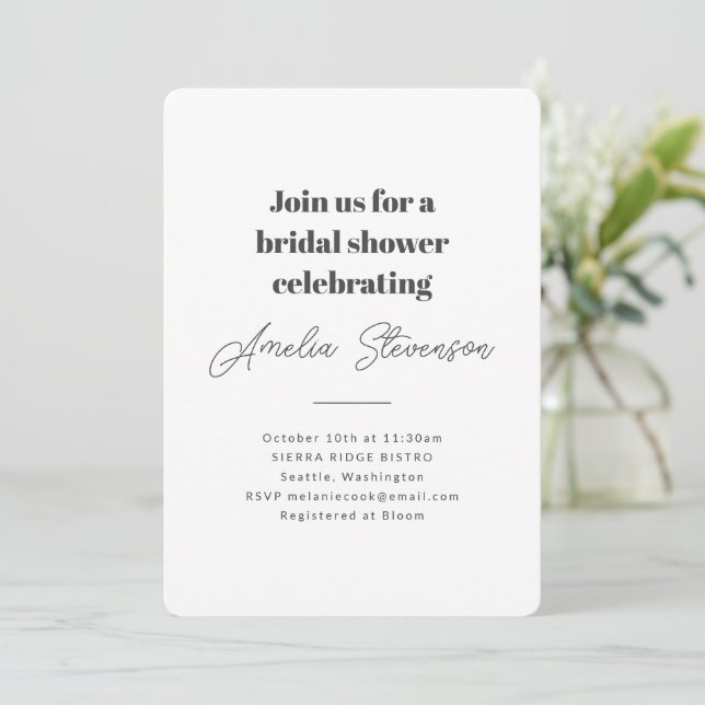 Modern Minimalist Simple Bridal Shower White Invitation (Standing Front)