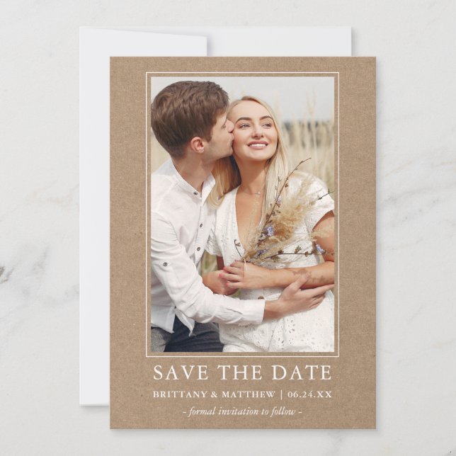 Modern Minimalist Simple Couple Photo Kraft Save The Date (Front)