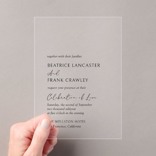 Modern Minimalist Simple Formal Elegant Wedding Acrylic Invitations (Insitu (Handheld))